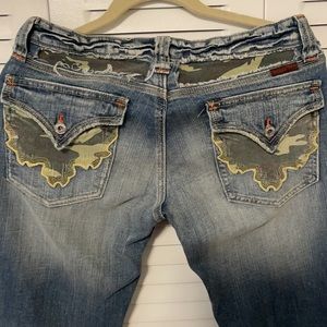 Distressed camouflage Miss Me bootcut jeans